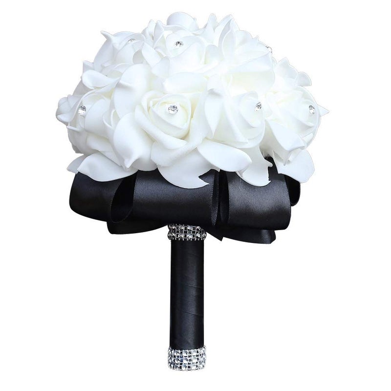 Flonding Wedding Bouquet, Black Bouquet for Bride Bridesmaid with Diamond Soft Ribbons, Artificial Rose Bridal Holding Flowers for Party Church - Image 1